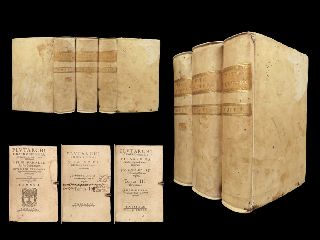 1579 plutarch parallel lives latin alexander the great pericles xylander vellum |   <em>“the mind is not a vessel to be filled, but a fire to be kindled. ” </em> ― plutarch   ‘<em>plutarch’s lives’</em> or ‘<em>parallel lives’</em> is one of the most important and comprehensive collection of biographies of famous greek and roman figures. Plutarch was not so much focused on providing a historical account of these famous individuals as much as he was seeking to write of the type of person they were and the life in which they lived. He focuses on alexander the great, romulus and remus, demosthenes, cicero, brutus, julius caesar, and many other important figures.   this rare 1579 edition was edited and translated by wilhelm xylander, a notable german scholar. Xylander was well known for his commentary and edits of greek and roman masters including cassius, strabo, marcus aurelius, and euclid.