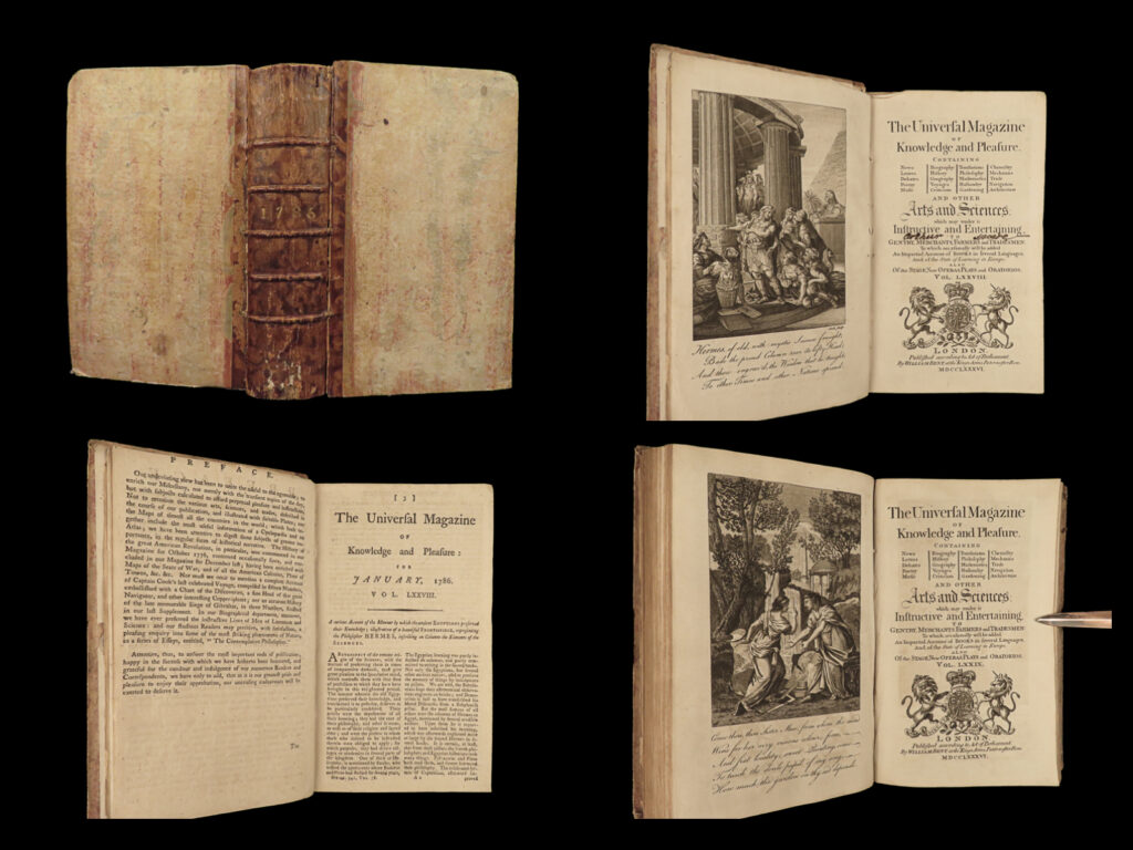 1786 early america george washington virginia louis xvi american church alchemy | the ‘<em>universal magazine’</em> is a rare, 18<sup>th</sup>-century english periodical known for its vast topics and articles. This 1786 volume contains highly desirable and important contents including: <ul> <li>on the preamble to louis xvi’s edict</li> <li>samuel johnson’s “character of richardson” censured</li> <li>portions of ‘furious orlando’</li> <li>acts imposed against alchemy</li> <li>reactions to new liturgies in america (p. 241)</li> <li>memoirs of charles xii</li> <li>discoveries of comets</li> <li>george washington answers to the state of virginia (v2p53)</li> <li>reports of recent eruptions of vesuvius</li> <li>frederick iii of prussia and treaties with america</li> </ul>