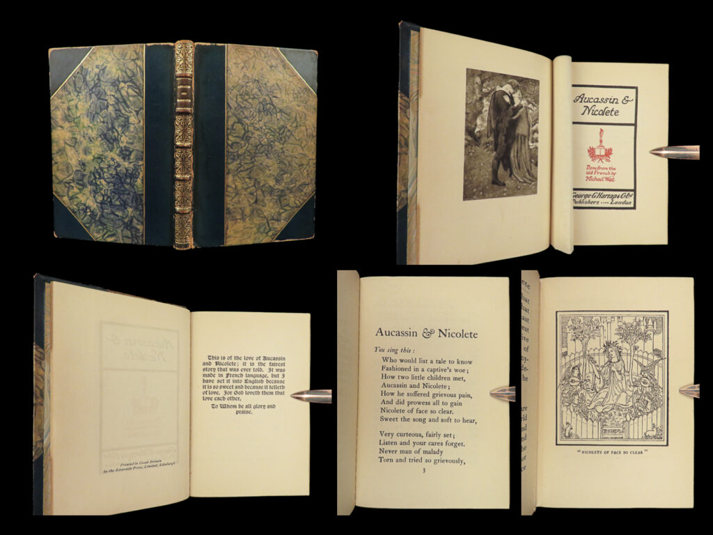 1917 beautiful 1ed aucassin & nicolete medieval french chantefable poem english | “<em>aucassin & nicolete</em>,” translated from french to english by michael west, is a 12-13<sup>th</sup>-century french chantefable, a unique blend of prose and verse. The story follows the romantic escapades of aucassin and nicolete (also spelled, nicolette), challenged by societal norms and familial constraints. Beyond a simple love tale, the narrative employs satire, parodying traditional literary genres and themes, from courtly love to gender roles. Set against a backdrop of adventure, disguise, and fantasy, it offers a humorous critique of medieval european conventions. All of which is accompanied by 8 beautifully illustrated plates throughout.   <strong>notably rare, less than 100 recorded copies remain of any edition that was published by george g. Harrap and co. </strong>