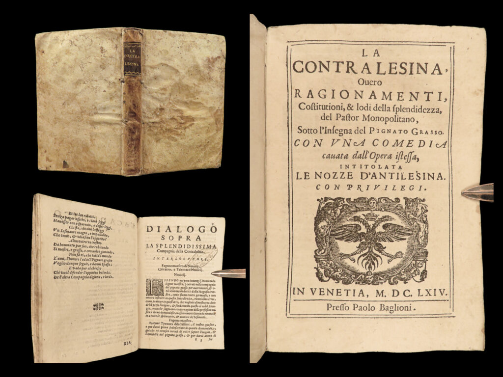 1664 lesina company italian politics cuisine finance venice canterbury tales | in 16<sup>th</sup>-century florence, there was a rise a style of literature that focused heavily on political satire. One such work was <em>‘company of the lesina dialogues</em>’. This work of unknown authorship describes a group of travelers on the way to lesina and their conversations. It covers a wide variety of topics including food and recipes, as well as money and finance – things the group sought upon arriving at their destination. This work, which was published throughout the 17<sup>th</sup>-century, has been attributed to tommaso buoni.   while there are no exact connections between the two, <strong>the parallels between ‘<em>lesina’</em> and chaucer’s ‘<em>canterbury tales’</em> are evident. </strong> fictional travelers discussing life on their way to a destination.