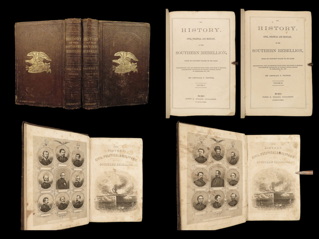 1863 confederate history 1st ed southern rebellion political military civil war |   a rare first edition of orville james victor's “<em>the history, civil, political and military, of the southern rebellion</em>”. Included are some of the most famous aspects of the american civil war, such as: <ul> <li>abraham lincoln’s presidential inauguration address</li> <li>southern interest in breeding slaves</li> <li>messengers to fort sumter, bombardment on fort sumter</li> <li>admission of kentucky and missouri into the confederacy <ul> <li>“when kentucky goes down, in will be in blood. Let that be understood. She will not go as other states have gone. Let the responsibility rest on you, where it belongs. We have more right to defend our government than you have to overturn it. ” (senator rosseau, <em>speech given toward southern rebels. </em> victor, ii:170)</li> </ul> </li> <li>battle of wilson’s creek</li> <li>jefferson davis’s messages</li> </ul>