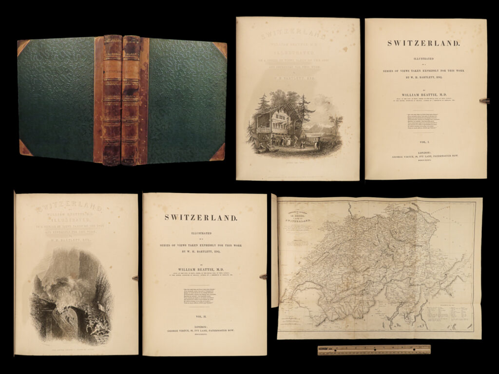 1836 switzerland art swiss castles cathedrals geneva 100+ art plates beattie 2v | william beattie’s illustrated geography books were some of the most popular in the 19<sup>th</sup>-century. Books such as ‘<em>scotland’</em> and ‘<em>switzerland’</em> describe iconic and beautiful locations from each country with stunning, full-page steel engravings. This 1836 printing of beattie’s “<em>switzerland</em>” is considerably valuable much in part to the illustrations. The engravings in this work depict mountain villages, waterfalls, castles, city views (such as geneva), cathedrals, and much more!