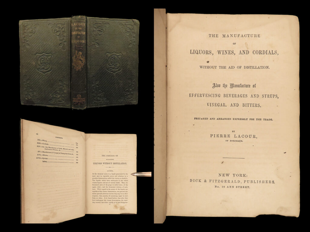 1863 manufacture of liquors wine cordials beer brewing alcohol mixology cocktail | “<em>the manufacture of liquors, wines, and cordials, without the aid of distillation</em>” by pierre lacour is a fascinating guide on producing a wide array of beverages using neutral base alcohols. This book offers in-depth methods on crafting various drinks. The author emphasizes the importance of disseminating knowledge about the production processes, hinting at the potential health risks of consuming adulterated liquors. The book describes the materials and techniques used, offering recipes employed by prominent european manufacturers. Topics covered range from the concealment of grain oil odor in domestic liquors to the quick production of vinegar. Additionally, the book explores the ingredients used in flavoring and touches upon the manufacture of carbonated beverages, syrups, and bitters.   <strong>this scarcely printed, fascinating work is significantly rare with less than 100 recorded copies worldwide! </strong>