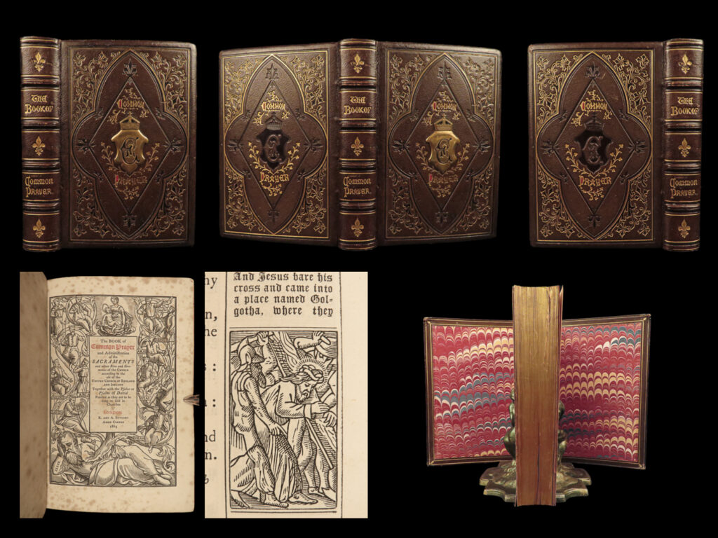 1863 exquisite common prayer bible woodcut queen elizabeth macabre durer holbein | an absolutely beautiful printing of the book of common prayer from the church of england. While editions of the book of common prayer were printed for centuries before and after this edition, this printing is of particular value because of the impressive illustrations and illustrated borders.   while many of the illustrations are just decorative, some of the images are rather bizarre – such as the ‘psalms of david’ which is bordered by skeletons and depictions of death in the style of holbein and durer! It also includes an allegorical view of queen elizabeth i.
