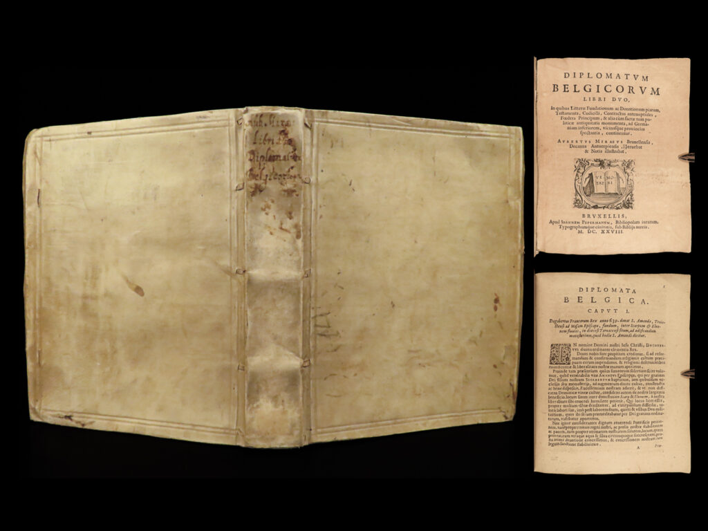 1628 medieval belgium aubert le mire diplomatum belgicorum lower germany vellum | aubert le mire was an early 17<sup>th</sup>-century dutch ecclesiastical historian known for his extensive portfolio of works. Le mire was known to have written works on ecclesiastical heraldry and military monastic orders, benedictine monasticism, augustinian canons, and chronologies of the low countries.   one of the best works was ‘<em>diplomatum belgicorum’</em> – a collection of surveys, letters, and histories of diplomacy in belgium and lower germany from the middle ages into the 17<sup>th</sup>-century.  