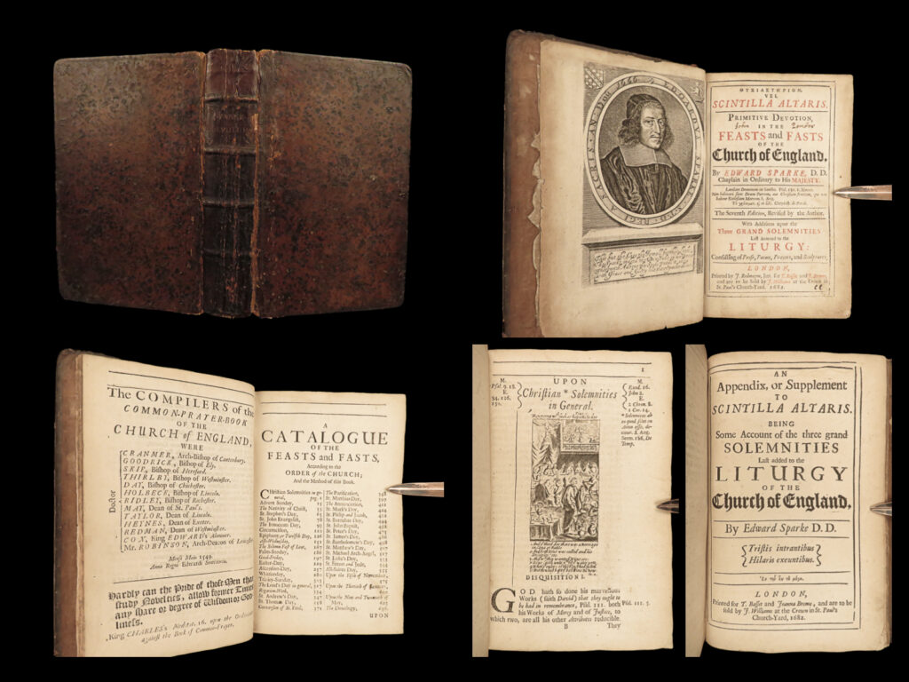 1682 edward sparke scintilla anglican bible art illustrated cromwell england | edward sparke was a 17<sup>th</sup>-century english minister known for his many published sermons and devotionals, though, his most famous work was his 1652 treatise, ‘<em>scintilla altaris’</em>. This work was a collection of disquisitions (consisting of poems, meditations, and essays) on the feasts of the anglican liturgical calendar. He also included numerous prayers and hymns for reach feast as well portraits depicting many of the honored saints.   interestingly, sparke had himself a bit of fun titling this work… ‘scintilla’ is the latin word for ‘spark’