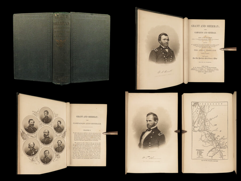 1865 ulysses s grant + general sherman civil war union army military 1ed maps | “<em>grant and sherman; their campaigns and generals</em>” is a meticulously detailed and engagingly written military history book by the honorable joel tyler headley. With the use of 30 steel-engraved plates, the author vividly recounts the pivotal roles that generals ulysses s. Grant and william tecumseh sherman played in the american civil war from 1861 to 1865. The narrative extends from the capture of fort donelson to sherman’s infamous march through georgia and the eventual surrender of the confederate armies.   drawing on headley’s wealth of knowledge, intimate familiarity with military personnel, and access to official documents, the book provides an authoritative record of key battles, sieges, adventures, and incidents. It also includes compelling biographies of the leading generals, focusing not just on their military accomplishments but also their individual qualities and characteristics. The portrayal of grant and sherman, along with their comrades, is fair and grounded, recognizing their human strengths and weaknesses while celebrating their immense contributions to the preservation of the union.   with its captivating depictions of historical events and its thorough exploration of the lives of these extraordinary men, this book is a significant contribution to american literature and a treasure for those interested in the civil war period!