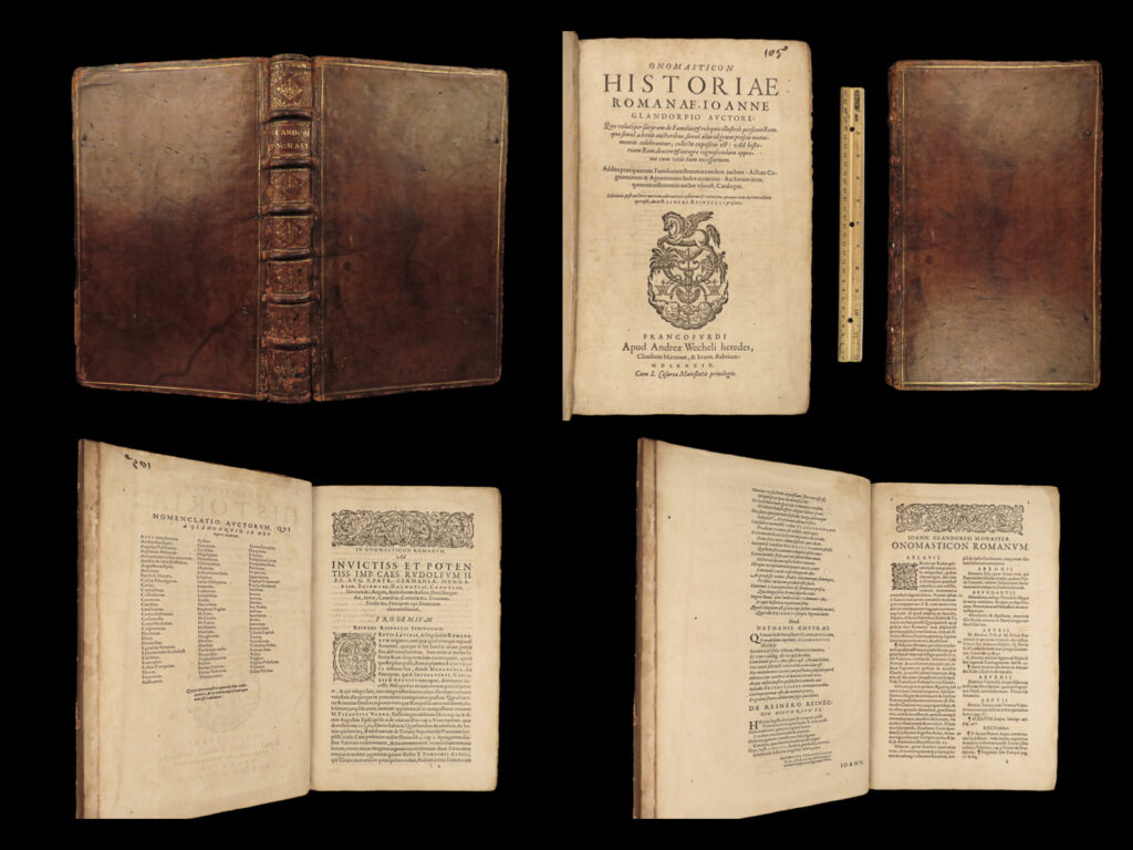 1589 glandorp history of rome onomasticon prosopography cicero nepos ovid folio | johann glandorp was a 16<sup>th</sup>-century german reformation humanist who was much better remembered for his ‘<em>onomasticon historiae romanae</em>’ – a detailed history of the roman empire. Glandorps’s history of rome was written as a prosopography, giving short, but thorough descriptions of, seemingly, all important romans giving insight to the political and social relationships between notable figures. Each entry is sorted alphabetically – notable names include cicero, nepos, claudius, julian, ovid, and many others.