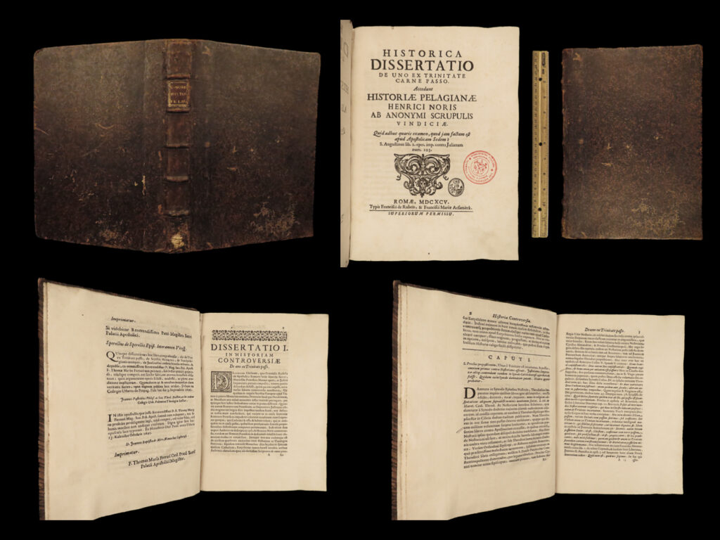 1695 pelagianism heresy 1ed henry noris trinity in flesh free will latin folio | henry noris was a 17<sup>th</sup>-century italian theologian best remembered for his book “<em>history of pelagianism</em>” in which noris describes the effects of free will on human nature. It was from this book that most of his successes were based, in fact, even in his other works, noris found ways to incorporate his views on pelagian heresies which is evident in his book “<em>historia controversiae de uno ex trinitate passo</em>”, or “<em>on the trinity in flesh</em>”.   this 1695 printing of noris’s “<em>trinity in flesh</em>” was published in rome.  