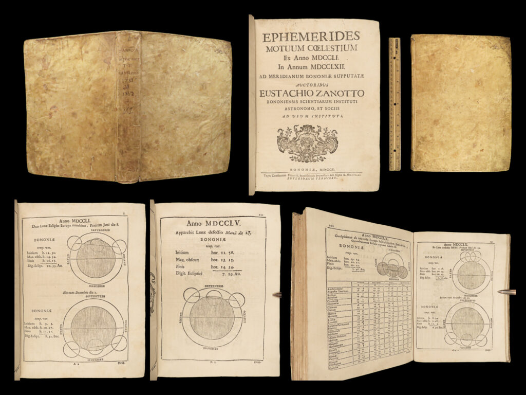 1750 astronomy 1ed ephemerides italian zanotti star maps newton galileo brahe | eustachio zanotti was an 18<sup>th</sup>-century italian astronomer who is primarily remembered for his ephemerides. In his version of the famed star chart catalogue, zanotti predicts celestial behavior of the stars, moon, and sun for every day from 1751 through 1762. While nearly every page of this book is a calendar-like chart, it also features <strong><u>impressive folding maps</u></strong>! A fine and valuable 1750 first edition!