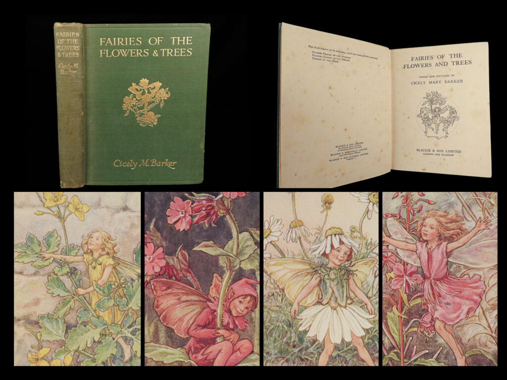 1927 fairy 1ed fairies of the flowers & trees fantasy childrens poetry barker | “<em>fairies of the flowers and trees</em>” is a charming collection that brings together three of cicely mary barker’s beloved children's books: “<em>flower fairies of the wayside</em>,” “<em>flower fairies of the garden</em>,” and “<em>fairies of the trees</em>. ” this enchanting omnibus showcases 71 color plates of fairies, each intricately illustrated and paired with a whimsical poem. Barker’s fairies, inspired by and modeled after her childhood schoolmates, embody the spirit of various plants and natural elements, offering readers a magical glimpse into a fantastical faerie world.  