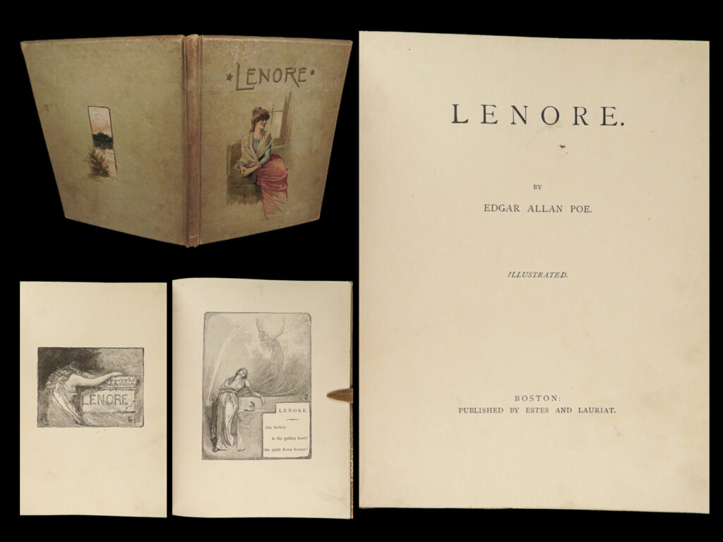 1886 lenore edgar allan poe illustrated poetry macabre gothic romance macabre | edgar allan poe's poem "<em>lenore</em>" explores the aftermath of a young woman's death through the perspective of her fiancé, guy de vere, who celebrates her ascension to the afterlife, a departure from poe's typical themes of melancholy surrounding the loss of women. This work suggests the possibility of reunion in the afterlife, a recurring motif in poe's writings. Some speculate that "<em>lenore</em>" reflects poe's personal emotions related to his wife's illness or serves as an ode to his late brother, william henry leonard poe.   this edition includes by 15 engravings crafted by the talented canadian artist, henry sandham.