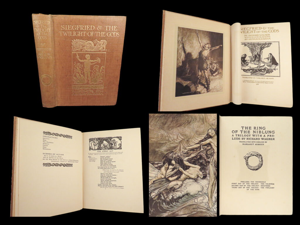 1911 siegfried 1ed twilight of the gods wagner rackham art ring niblung norse | a richard wagner’s “<em>der ring des nibelungen</em>” (or “<em>the ring of the niblung</em>”) was a landmark work in the history of music. It was a collection of four large-scale operas that created a cycle of works which would in-turn be called the “<em>ring cycle</em>”. The story loosely follows characters of norse mythology and was a major influence on j. R. R. Tolkien’s masterpiece trilogy, “<em>the lord of the rings. </em>” <em> </em> this fine printing was illustrated by the famous arthur rackham. This volume contains the final two movements of the work – “<em>siegfried” </em>and<em> “the twilight of the gods</em>” translated by margaret armour. The color illustrations are classic rackham style and feature trolls, beasts, magic spells, and more in a very dark and sinister fantasy style. In fact, these illustrations are often collected, printed, and sold as a collection of prints without the text!