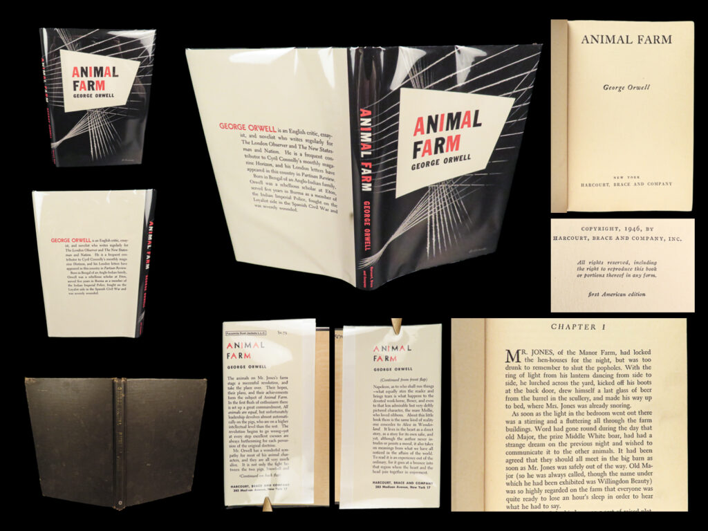 1946 animal farm 1st ed george orwell bolshevik revolution dystopian socialism | <em>“all animals are equal, but some animals are more equal than others. ” </em> ― george orwell,<em> animal farm</em> <em> </em> george orwell’s ‘<em>animal farm</em>’ is perhaps the most important and recognized dystopia novel in the english language. First printed in 1945, this satirical book covers the events leading to the stalin rule in russia before world war ii. On the surface, this book appears to simply be a story about animals coexisting on a farm together, however, orwell’s views on socialism are abundantly apparent as he is critical of stalinism and the spanish civil war. Time magazine has called it one of the 100 best english-language books, and according to stringer, this book is “a political fable that partly recounts, in an allegorical mode, the aftermath of the russian revolution, and partly illustrates a belief in the universal tendency of power to corrupt” (stringer 22)