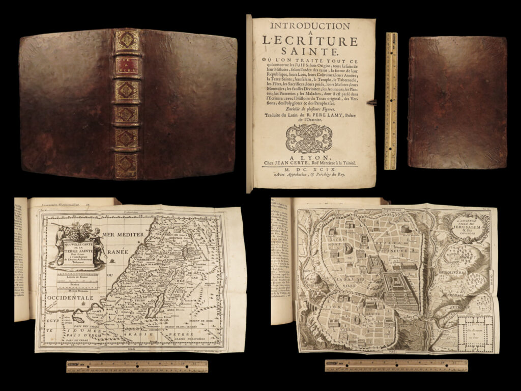 1699 bible maps & bestiary lamy illustrated holy land judaica animals hebrews |   bernard lamy was a 17<sup>th</sup>-century french theologian and mathematician who published treatises on biblical studies and mathematics. One of his most notable works was ‘<em>introduction to holy scriptures’ </em>which was originally titled ‘<em>apparatus ad biblia sacra</em>’. This work was written to discuss the validity of the books of tobias and judith, which were not included in the biblical canon by the council of trent. Lamy also discusses the history of the hebrew people, the jewish temple and tabernacle, the holy land itself, and the jewish culture and customs mentioned in the bible.   this rare 1699 edition features an impressive folding map of the holy land, folding charts, and plates throughout.  