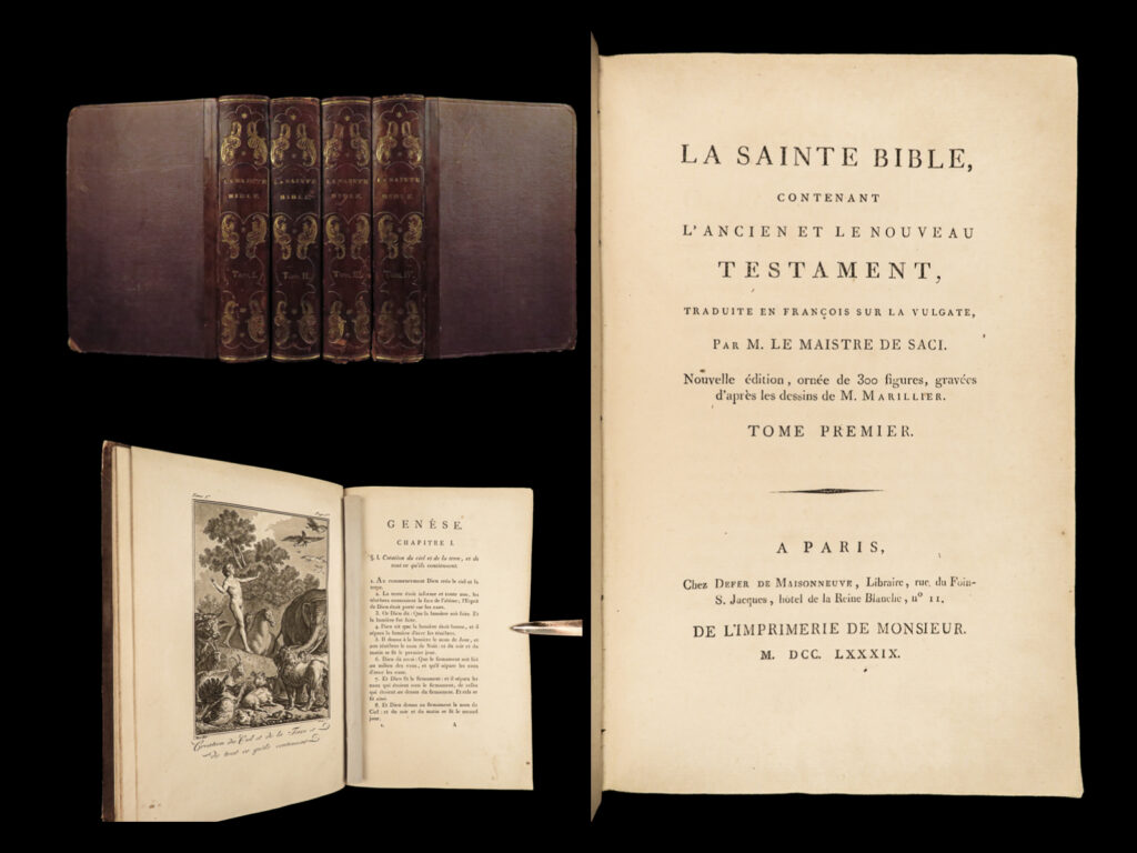 1789 holy bible sainte biblia sacy illustrated marillier art 4v 167 engravings! | an extremely rare 18<sup>th</sup>-century french holy bible and commentary. This de sacy edition is translated directly from the vulgate and is accompanied by de sacy’s own commentary as well. Printed in 1789, this edition is highly desirable much in part to the impressive illustrations from the art of clement marillier and nicolas monsiaux. An impressive set!