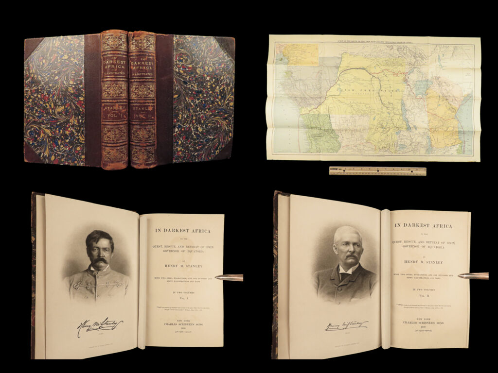 1890 livingstone 1ed in darkest africa henry stanley emin pasha expedition maps |   <em>“if you have men who will only come if they know there is a good road, i don't want them. I want men who will come if there is no road at all. ”</em> ― david livingstone <em> </em> a rare, first printing of henry stanley’s ‘<em>in darkest africa. </em>’ known for his explorations in africa, he found the scottish missionary explorer david livingstone, whom most had assumed had been lost. His acquaintance with continuing expedition with livingstone led to the expedition for the relief of emin pasha, an ottoman physician. This voyage was notorious for causing the deaths of so many of its members to disease and disaster. The events of this expedition were recorded in stanley’s ‘<em>in darkest africa</em>’ in which he was the leader of the emin pasha relief expedition.   each of the two volumes contains a fantastic, large folding map located in a pocket on the back pastedown.
