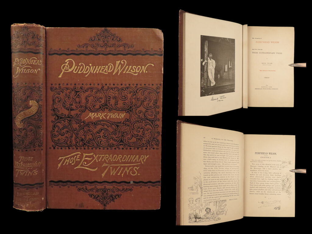 1894 mark twain 1st/1st tragedy of pudd’nhead wilson humor comedy slavery rare | <em>“few things are harder to put up with than the annoyance of a good example. ”</em> ― mark twain<em>, pudd'nhead wilson</em> <em> </em> a rare first edition of mark twain’s satire novel “<em>the tragedy of pudd’nhead wilson</em>”. Told in typical twain fashion, infants switched at birth reveal their true colors as dna encoding takes precedence over environment. Set during the early years of the 19th century, this pre-civil war satire tackles social commentary issues still being debated today. Twain presents the reader with a light-skinned black mother switching her infant with her white master's in order to prevent her own child being raised as a slave. Twain uses humor and irony in revealing seething levels of racism and classicism.   this <u>first edition meets the expected points for the first state</u> of this book. See below for details.