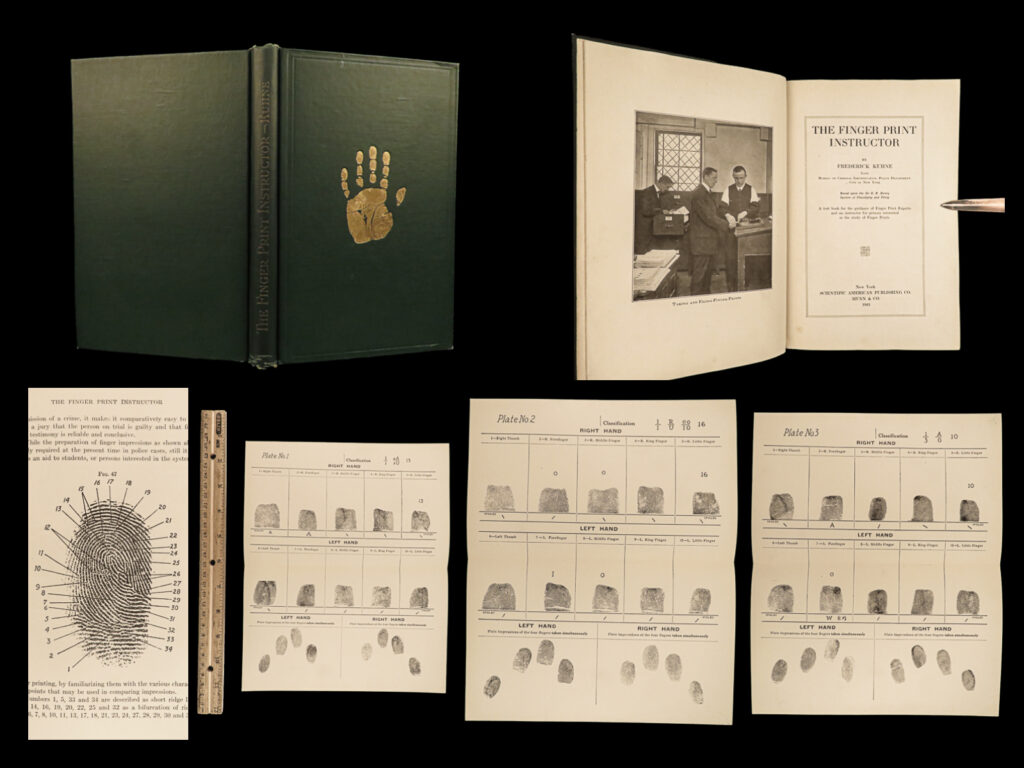 1921 finger print kuhne signed criminology forensic science fbi crime csi | “<em>the finger print instructor</em>” by frederick kuhne is a guide designed to educate readers about fingerprint analysis based on the sir e. R. Henry system. This book tackles misconceptions about fingerprint evidence and emphasizes its irrefutable and reliable nature. Organized in three sections, it covers fingerprint fundamentals, the comparison and filing of prints, and provides a q&a section with illustrations. The book, rich with diagrams and fingerprint figures, is a useful resource for both professionals and those generally interested in the subject.
