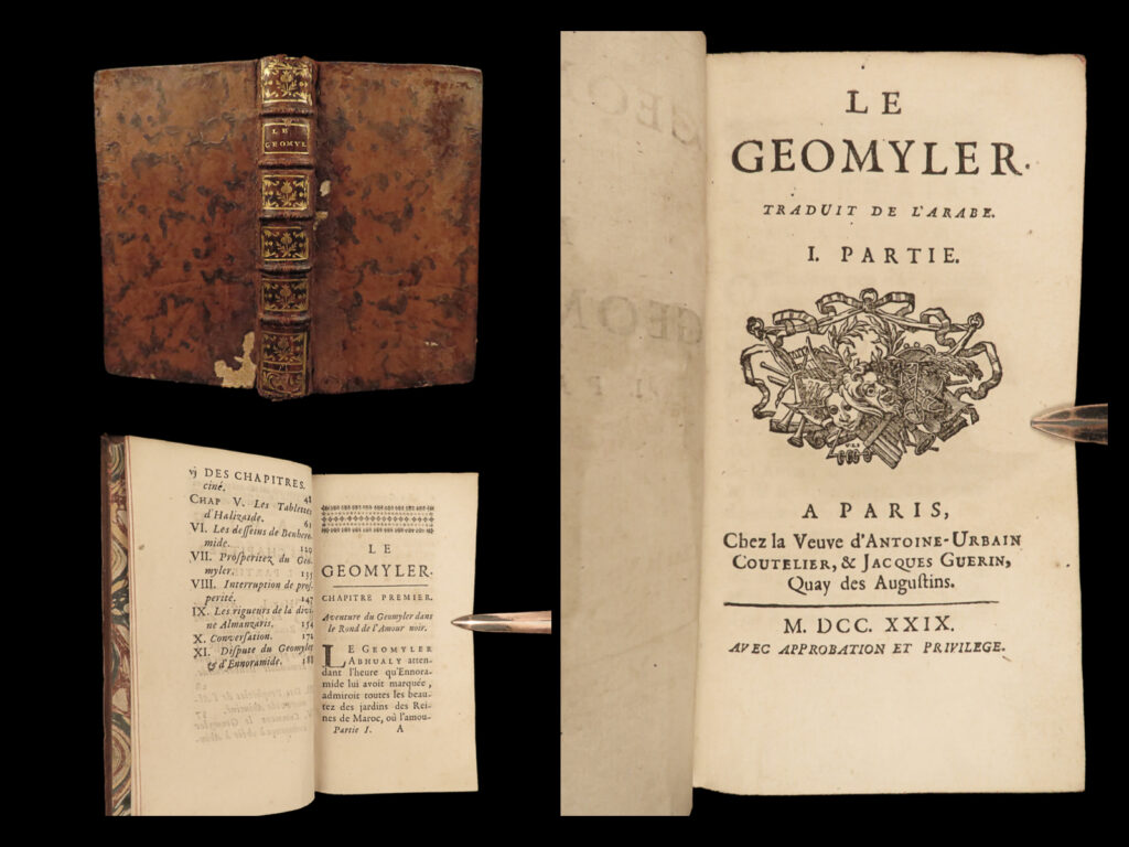 1729 ottoman harems 1ed le geomyler montfaucon villars africa arab monks magic | henri montfaucon de villars was a 17<sup>th</sup>-century french novel writer <strong>known for his stories on bizarre, strange, occult, and secret sciences. </strong> most of his books contain themes of magic and astrology, devils and pagans, and monks and religious figures. One such work was his ‘<em>le geomyler’</em> – a story of a turkish monk who enters an ottoman harem in africa where he wins the hearts of several princesses.   two parts in one volume, a rare 1729 first edition.