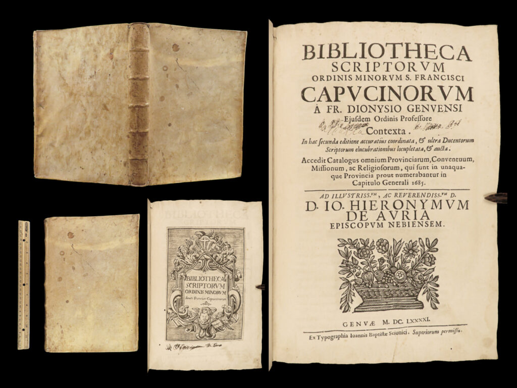 1691 dionigi on franciscan order monks capuchin monastics geneva scriptorum rare | dionigi was a 17<sup>th</sup>-century capuchin monk from geneva, of whom little is known. However, his book ‘bibliotheca scriptorum ordinis minorum’ proved to be an <strong>important history of minor writers and monks of the franciscan order. Dionigi describes the lives of more than 750 monks and preachers of the franciscan order, most of which are from the 17<sup>th</sup>-century. </strong>