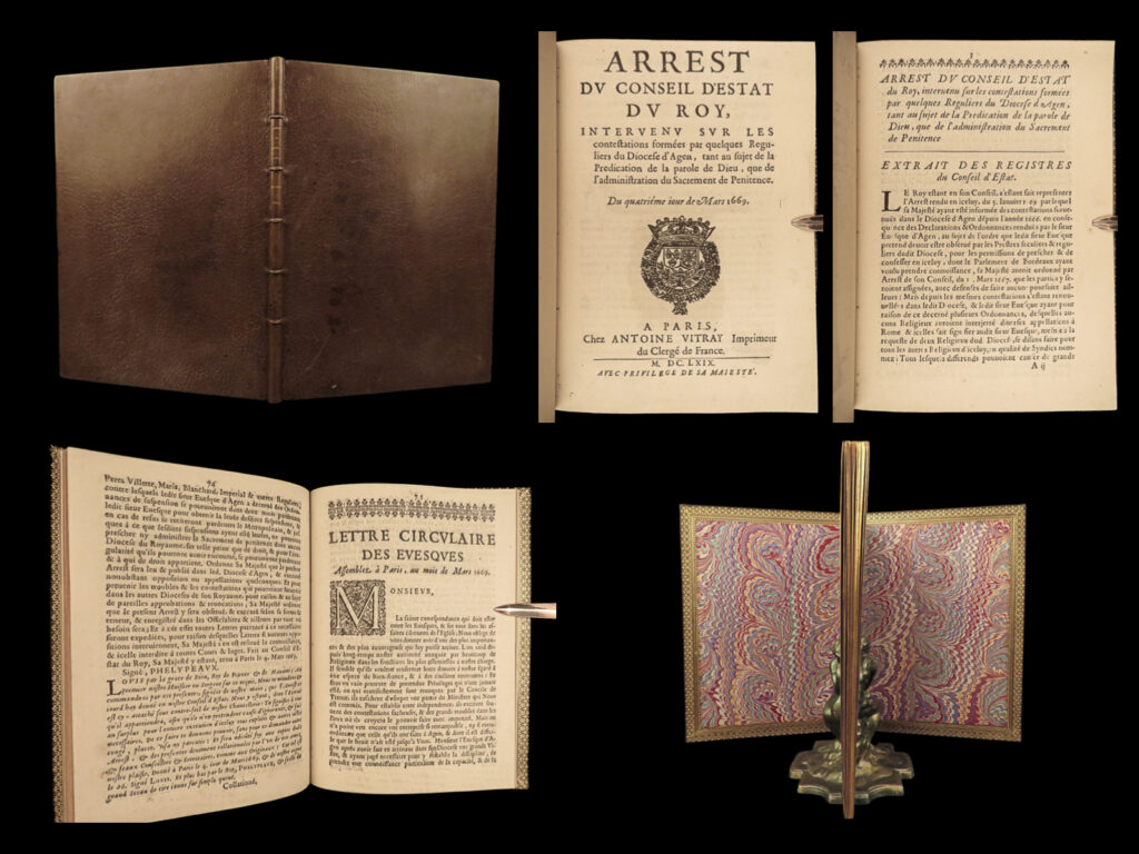1669 diocese of agen decrees france sacraments council of trent fine binding | a rare and rather unknown 17<sup>th</sup>-century survey of the royal decrees concerning the diocese of agen. This work describes the disputes over sermons preached in the diocese as well as direction on the administration of the sacrament of penance. Numerous references to and extracts from various councils including the council of trent appear throughout this book as well.