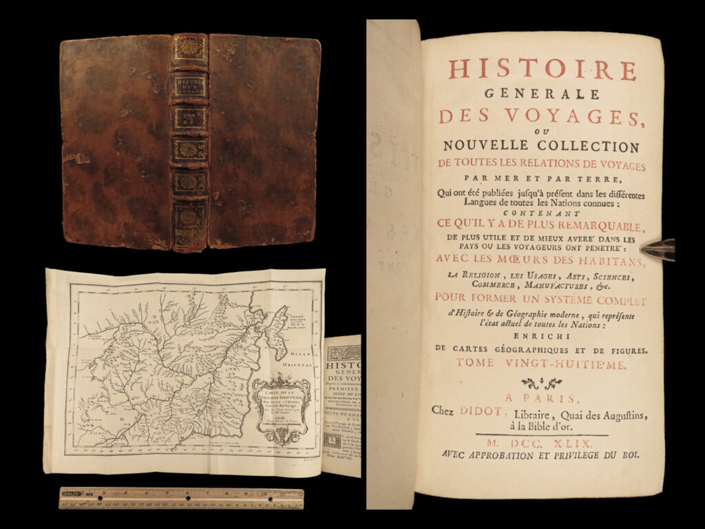 1749 voyages in china 1ed gerbillon jesuit kaldan khan of eluths kangxi qing | the ‘<em>general history of voyages’</em> by abbe prevost is one of the largest and most impressive collections of stories of expeditions and world exploration printed in europe during the 18<sup>th</sup>-century.   this volume covers descriptions of voyages in china and is illustrated with 6 full-page engravings and folding views. Illustrations and topics covered in this tome include: <ul> <li>all six voyages of jean-francois gerbillon, jesuit missionary to china, tibet, and tartary</li> <li>defeat of kaldan, khan of the eluths, mogul empire by the emperor of china in 1691 kang-hi (or kangxi)</li> <li>chinese ceremonies and rituals honoring kangxi, qing dynasty</li> </ul>