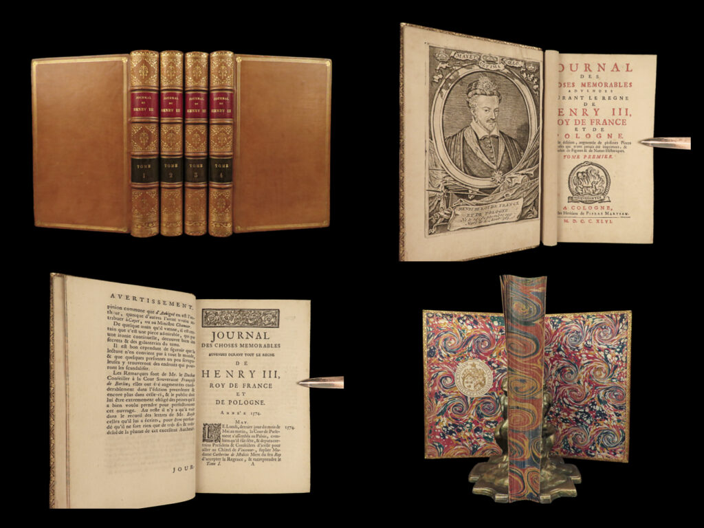 1746 beautiful henry iii of france 1ed journal wars of religion huguenots 4v set | henry iii of france was king of france at the end of the 16<sup>th</sup>-century. Much of his reign, both of france and poland, was dictated by the french wars of religion and the ongoing feuds between protestants and catholics. Henry’s journal was published, following his life, and became one of the best accounts of late 16<sup>th</sup>-century france, huguenots, and the catholic league from a royal perspective.