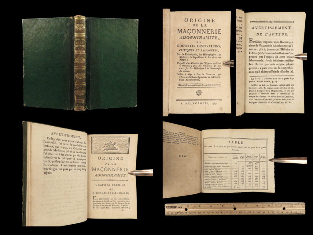 1787 masonic origins of adonhiramite freemasonry rituals guillemain maçonnerie | books on freemasonry, published in the 18<sup>th</sup>-century are notoriously rare and difficult to obtain. This book is a rare and important collection of adonhiramite masonry catechisms, writings, and doctrine by louis guillemain de saint-victor. It discusses freemason lodges, songs, and reflections within an assortment of small works dedicated to freemasonry in france during the 18<sup>th</sup>-century. This book also dictates the origins of that branch of freemasonry.   adonhiramite freemasonry is loosely based on and taken from jewish scriptures and traditions which shed light on masonic legends. It is largely attributed to saint-victor because of this work and is named after adonhiram, who first appears in the book of samuel in the old testament. Adonhiramite freemasonry is often considered the ‘orthodox faith’ of freemasonry. Adonhiramite freemasons are essentially disciples of hiram abif, the architect of the temple of adonhiram and are subject to the twelve degrees associated with adonhiramites. (mackey).