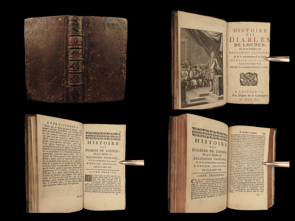 1740 loudon devils demon possessions witchcraft exorcism occult grandier sorcery | aubin, nicolas <strong><em>histoire des diables de loudun; ou, de la possession des religieuses ursulines, et de la condamnation & du suplice d'urbain grandier</em></strong> amsterdam: aux dépens de la compagnie, 1740.   <em>‘cruel effects of diabolic possession’ </em>is a famous work on the accused demon possession of ursuline nuns, now known as the loudon possessions. Jean mignon, the nun’s confessor, made a plan for the nuns to fake being possessed and denounce urbain grandier, who was accused of summoning evil spirits. Nicolas aubin’s account of this 17<sup>th</sup>-century event covers the topics of witch burning at the stake, exorcisms, torture, accusation of sorcery, and flagellation.