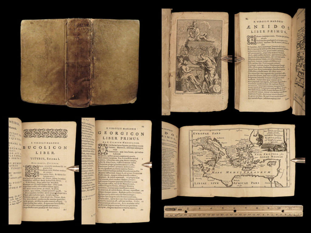 1724 virgil aeneid georgics map eclogues bucolics mythology rare heinsius latin | <em>“audaces fortuna iuvat- (fortune favors the bold). ” </em> ― virgil   virgil is regularly considered one of the greatest roman poets. His epic poems, ‘<em>eclogues</em>,’ ‘<em>georgics</em>,’ and ‘<em>aeneid’</em> are some of the most important works of western literature and describe mythology, medicine, astronomy, war and military, rhetoric, agriculture, and more!   this 1724 latin edition was published in amsterdam, collected and edited by nicholas heinsius. <em> </em>