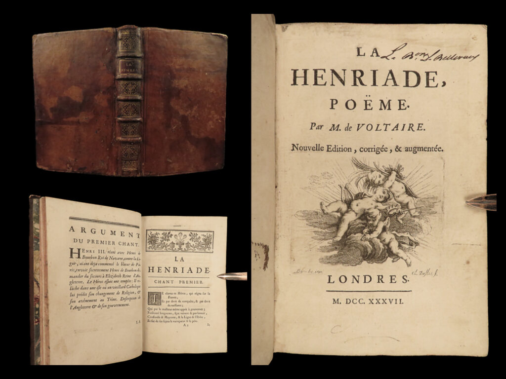 1737 la henriade by voltaire henry iv france cocchi rinuccini florence paris | <em>“let us read and let us dance; these two amusements will never do any harm to the world. ”</em> ― voltaire   <em>‘henriade’</em> is one of voltaire’s most famous and important poems. This work concerns and celebrates the life of henry iv of france. While not tremendously popular during voltaire’s lifetime, ‘<em>henriade’</em> has continued to be one of the most popular 18<sup>th</sup>-century poems on the life of french royalty.   this 1737 edition was published in paris by prault with introductory letters of antoine cocchi and rinuccini, secretary of state in florence.