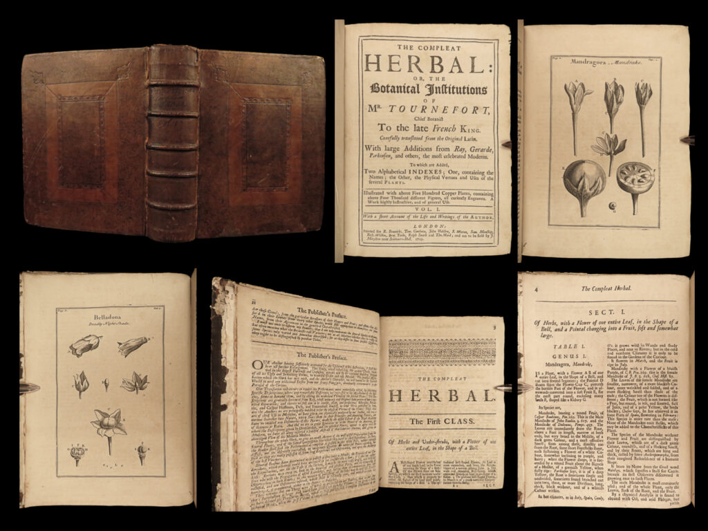 1719 tournefort english herbal botany plants flowers botanical 132 copper plates | joseph pitton de tournefort was a 17th-century botanist who is best known for his work ‘<em>elements of botany’</em>. In this book, tournefort made important contributions to botanical nomenclature, identifying the divisions in flowering plants and make distinctions between genus and species. This 1719 english edition entitled ‘<em>the compleat herbal’</em>, collects and describes nearly 7,000 different plant species many of which include impressive botanical illustrations.   this exceedingly rare and valuable first volume from the 1719 english edition features 132 stunning engravings – views of plants, seeds, leaves, flowers, bean pods, fruits, and much more.