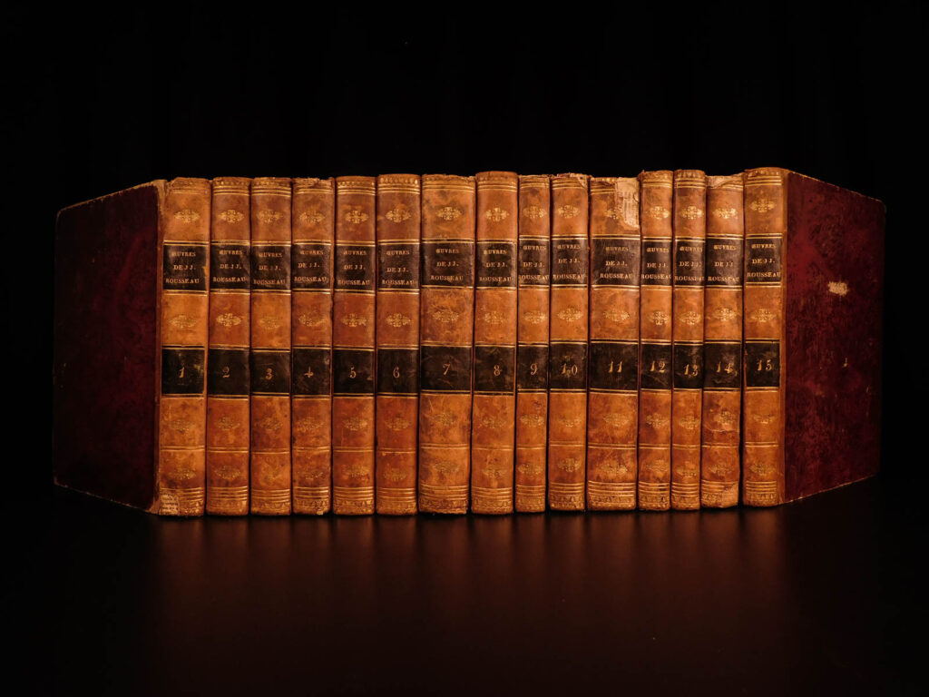 1790 jean-jacques rousseau french literature emile confessions heloise music 15v |   <em>“people who know little are usually great talkers, while men who know much say little. ”</em> <em>― </em>jean-jacques rousseau <em> </em> <em>jean-jacques rousseau was an 18<sup>th</sup>-century enlightenment philosopher whose political theories helped shape aspects of the french revolution. This rare set includes the most famous of rousseau’s works including emile, heloise, dictionary of music, and confessions. </em> <em> </em> <em>fifteen volumes of the works of jean-jacques rousseau published in 1790 geneva by volland. </em>