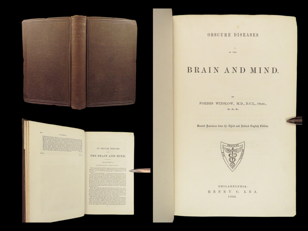 1866 obscure diseases of brain & mind neurology psychiatry civil war provenance | “<em>obscure diseases of the brain and mind</em>” by forbes benignus winslow is a highly rare printing of his meticulously researched 19<sup>th</sup>-century exploration of lesser-known neurological and psychological disorders. Forbes benignus winslow was a renowned british psychiatrist and writer, recognized as an authority regarding the diagnosis and treatment of mental illness during the victorian period. His aim within this book was to shed light on the subtle signs that often precede serious brain diseases and mental disorders, emphasizing the significance of early detection. Drawing parallels with predicting storms, he highlights the need for anticipation and proactive measures in medical practice. This treatise served as a vital guide, advocating for timely intervention upon spotting early signs of brain and mental diseases.  