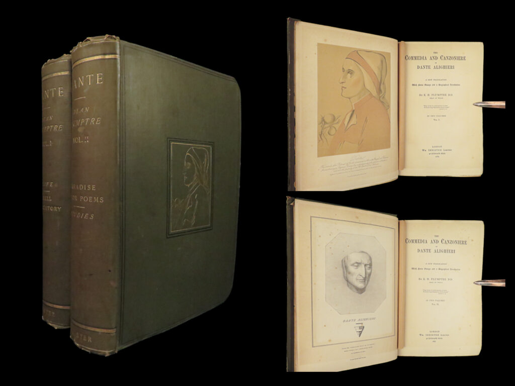 1886 dante alighieri 1ed commedia & canzoniere divine comedy inferno paradise 2v | edward hayes plumptre’s two-volume work, “<em>the commedia and canzoniere of dante alighieri</em>,” offers a meticulous english translation of dante's renowned compositions, complemented by comprehensive notes, essays, and a biographical overview of the poet. The first volume delves into dante’s life and covers the hell and purgatory portions from the divine comedy, while volume ii presents the paradise portion as well as dante’s minor poems, with studies that illuminate the poet’s life and artistry. Throughout, plumptre acknowledges the numerous scholarly contributions as well as his aim to make dante’s profound writings accessible and comprehensible to english readers.  