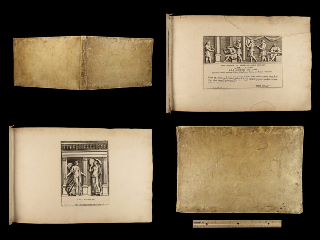 1677 famed 1ed raphael art vatican frescoes pope sixtus renaissance woodcuts | raphael was one of the most famous and important italian painters of the renaissance. Most of his work is still regularly appreciated and studied in museums all over the world. Though, perhaps the most famous collection of raphael paintings is in the vatican museum, where spaces now known as the raphael rooms feature exquisite full-wall frescoes of his artwork.   italian engraver pietro saint bartoli published a series of engravings of raphael’s frescoes in the 17<sup>th</sup>-century. The plates themselves feature the text ‘vaticani palatii xystis’, referring to the vatican palace under pope sixtus iv who constructed portions of the vatican for art such as the sistine chapel and the vatican library.   bartoli’s collection of raphael engravings was dedicated to cardinal carlo massimo following his death in 1677 – a collection of <strong>43 stunning oblong folio illustrations! </strong>