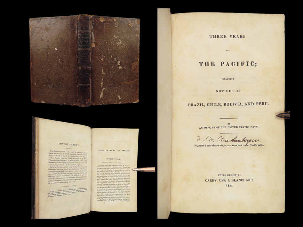 1834 author signed 1st/1st three years in pacific us navy voyages south america |   “<em>three years in the pacific; including notices of brazil, chile, bolivia, and peru</em>” by william samuel waithman ruschenberger provides his account of his experiences during two distinct voyages in the pacific aboard the uss brandywine and the uss falmouth between the years 1826 to 1834. Ruschenberger shares his firsthand observations, aiming to enlighten readers about the unique attributes of countries in south america. He provides descriptions of his traversal into brazil’s landmarks and history as well as chile’s society and landscapes, bolivia’s local commerce and traditions, and finally his peruvian journey from the shores of callao bay to the rich cultural tapestry of lima. Detailed insights into regional politics, traditions, and commerce punctuate the narrative. The work concludes with reflections on the south-west coast, encapsulating the essence of the continent. Throughout, ruschenberger describes a sailor’s life at sea, capturing the awe inspired by ships and the sometimes-tumultuous relationship between man, vessel, and the unforgiving ocean.   <strong><u>this particular copy includes the author’s signature! </u></strong>