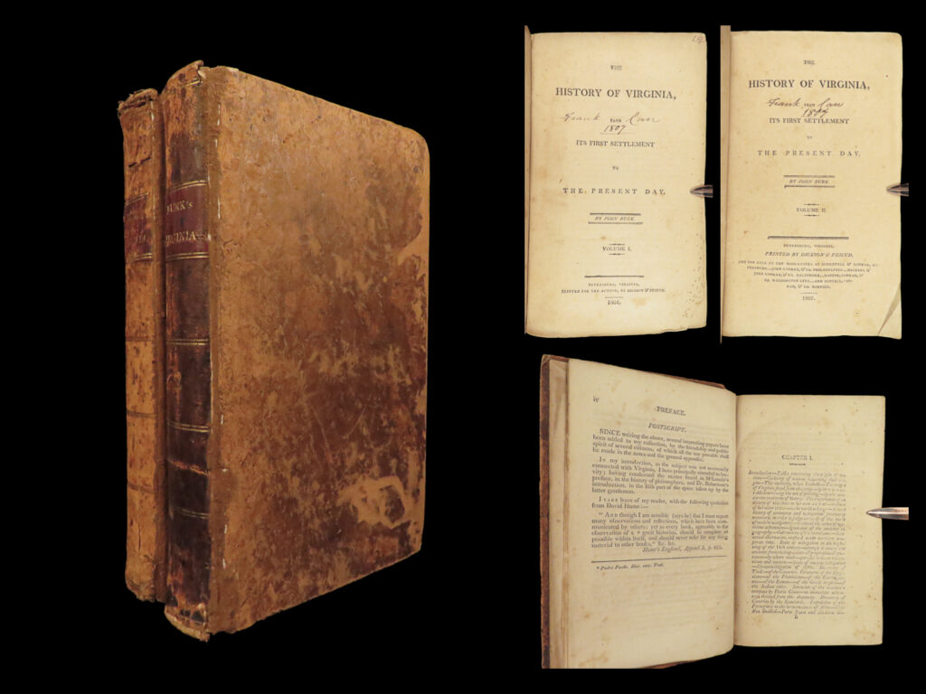 1804 thomas jefferson 1ed burk history of virginia colonial america columbus 2v | john burk’s “<em>history of virginia</em>” is one of the best early 19<sup>th</sup>-century accounts of the history of virginia and colonial america. It also happens to be one of the most historically accurate and relevant much in part to the availability of first-hand manuscripts from thomas jefferson. While the majority of the work focuses on the development of american culture and politics, burk does provide context for influences including ancient egyptian commerce, carthaginian military, and columbus and spanish exploration.   these first two volumes from the 1804 first edition <strong>include many of thomas jefferson’s own remarks</strong> found in his “<em>notes on the state of virginia</em>”.
