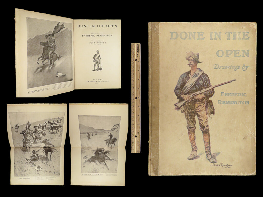 1903 frederic remington done in the open western frontier american indians art | “<em>done in the open</em>” is a collaborative work by american author owen wister and artist frederic remington, capturing the essence of the american west in the early 20th century. Renowned for his contributions to western fiction, wister penned verses to complement remington’s iconic sketches and paintings of cowboys, native americans, and rugged landscapes. Remington, a seminal figure in western american art, brings the frontier to life with his detailed illustrations. Together, their work serves as both a visual and literary homage to the untamed spirit of the american frontier during a pivotal era, embodying the allure and complexities of a world on the cusp of change.