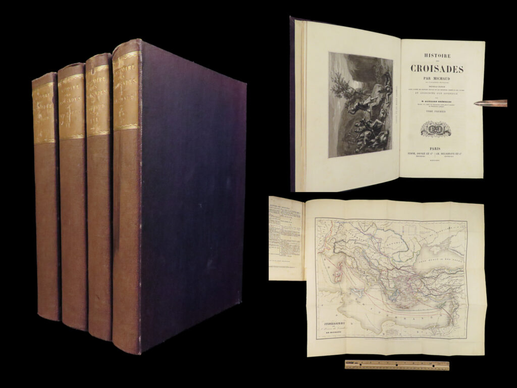 1862 history of crusades michaud holy wars jerusalem map 4v set knights templar | <strong><u>a rare historical book in an exquisite, decorative binding! </u></strong>   a rare, 19<sup>th</sup>-century printing of joseph-françois michaud’s “<em>history of the crusades</em>”. Michaud’s principal work discusses the beginning of the crusades through the council of clermont. It covers the departure of crusaders after the council of nicee, the siege of antioch, election of godefroy, battle of ascalon, reign of baudouin ii, conquests of saladin, and the events designed to protect jerusalem from a fall...