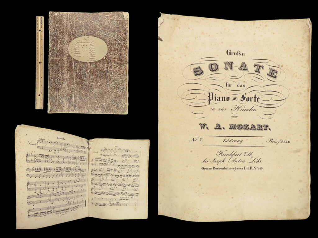 1830 wolfgang amadeus mozart 4-hand piano sonatas classical music fantasia in fm | <em>“i pay no attention whatever to anybody's praise or blame. I simply follow my own feelings. ” </em> ― wolfgang amadeus mozart   there are few composers in the course of music history that can claim fame to rival wolfgang amadeus mozart. His musical style and mind of genius have helped his name live for eternity in music history. While he wrote many different types of music, his symphonies and operas are perhaps some of his most famous and well-known within the classical music community.   this 19<sup>th</sup>-century frankfurt printing of four-hand piano sonatas was published by joseph anton lohr. This particular example, listed as “no. 2” contains the following works: <ul> <li>sonata for piano, 4 hands in f, k. 497</li> <li>sonata for piano, 4 hands in c, k. 521</li> <li>sonata for piano, 4 hands in b-flat, k. 358</li> <li>sonata for piano, 4 hands in d, k. 381</li> <li>unknown ‘sonata’ in e-flat <ul> <li>unlikely to be mozart, based on all e-flat kochel numbers</li> </ul> </li> <li>fantasia in f minor, 4 hands, k. 608</li> </ul>