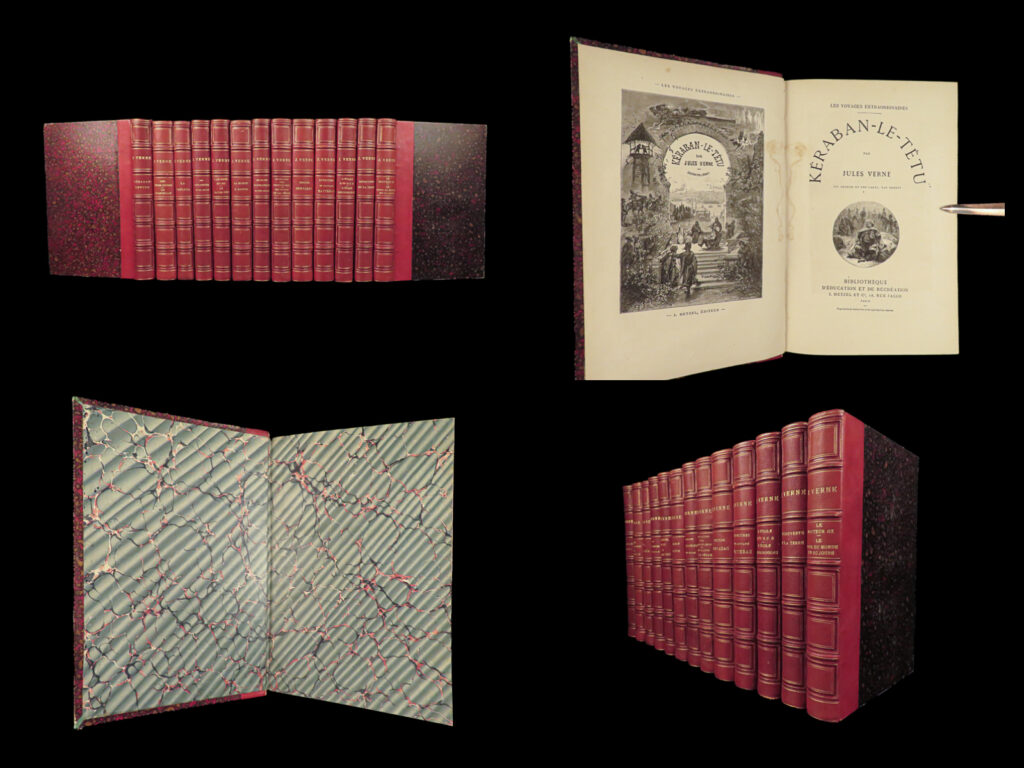 1880 beautiful jules verne extraordinary voyages sci-fi classic illustrated | <em>“the sea is only the embodiment of a supernatural and wonderful existence. It is nothing but love and emotion; it is the living infinite. ” </em> <em>― </em>jules verne<em>, twenty thousand leagues under the sea</em>   jules verne’s adventure novels are some of the most popular and famous works of literature of all time. Known mostly for his works of science fiction, ‘<em>voyages extraordinaires</em>’ was verne’s largest collection of fantasy novels and stories. This set of 13 volumes contains some of verne’s most important works including “<em>around the world in 80 days</em>! ” note the stunning, red-leather bindings on each tome!