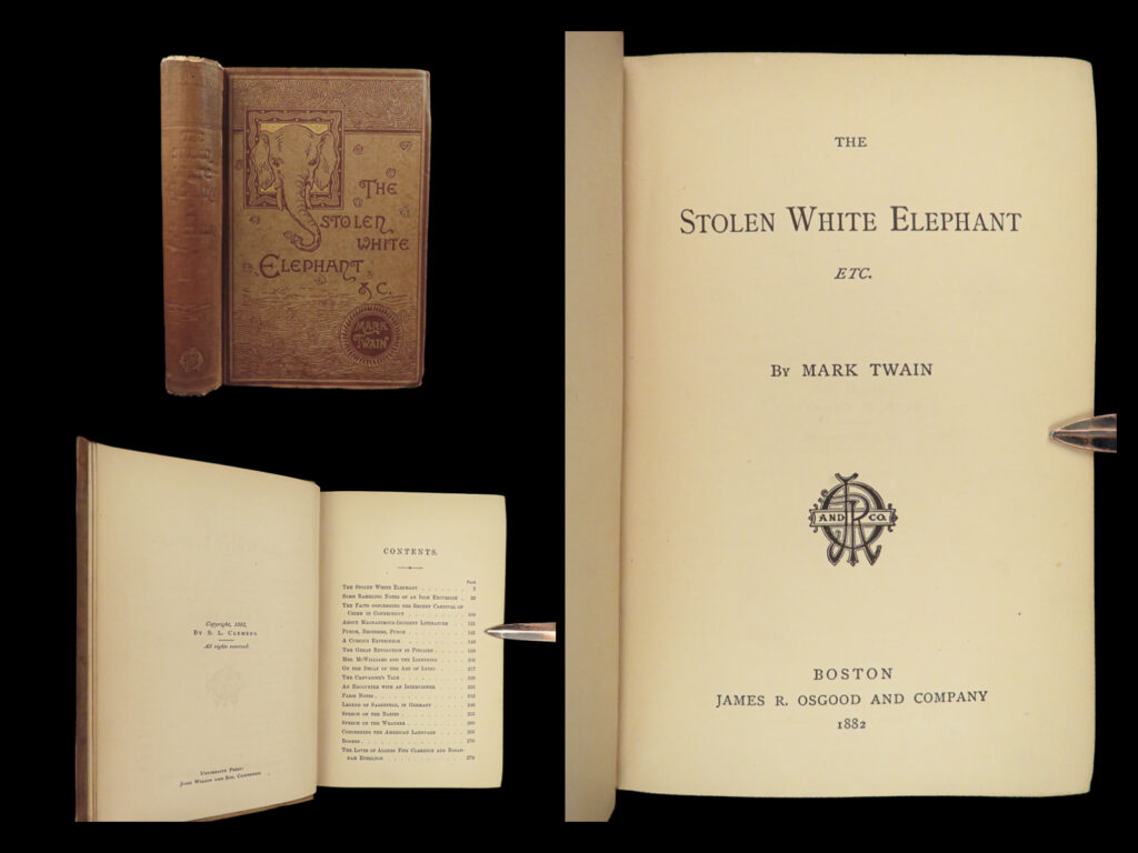 1882 mark twain 1st/1st stolen white elephant detective mystery punch brothers | “<em>the stolen white elephant, etc. </em>” by mark twain, is a collection of intriguing stories, with the titular tale centered around a detective mystery involving a siamese white elephant meant as a gift for the queen of britain. This elephant mysteriously vanishes in new jersey, leading the local police on a wild chase to uncover its whereabouts. The anthology contains a medley of other stories, some of which had earlier appeared in “punch brothers punch” from 1878, with certain additions and omissions. The collection includes tales that reflect twain’s unique wit and observations, ranging from reflections on lying to satirical commentaries on literature and societal norms.