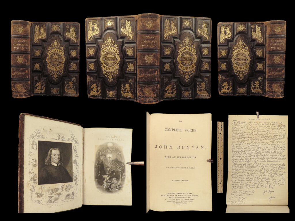 1874 john bunyan illustrated pilgrims progress mr badman solomon bible beautiful | a beautiful edition of ‘the complete works of john bunyan’. This work includes his famous works such as: <ul> <li>‘pilgrim’s progress’</li> <li>‘grace abounding to the chief of sinners’</li> <li>‘solomon’s temple spiritualized’</li> <li>‘jerusalem sinner saved’</li> <li>‘life and death of mr. Badman’</li> <li>‘the strait gait’</li> <li>many, many more</li> </ul> <em> </em> this impressively bound 1874 edition features and introduction by john gulliver and 17 engraved plates by a. B. Walter displaying allegorical figures and scenes from bunyan’s works. <em> </em>