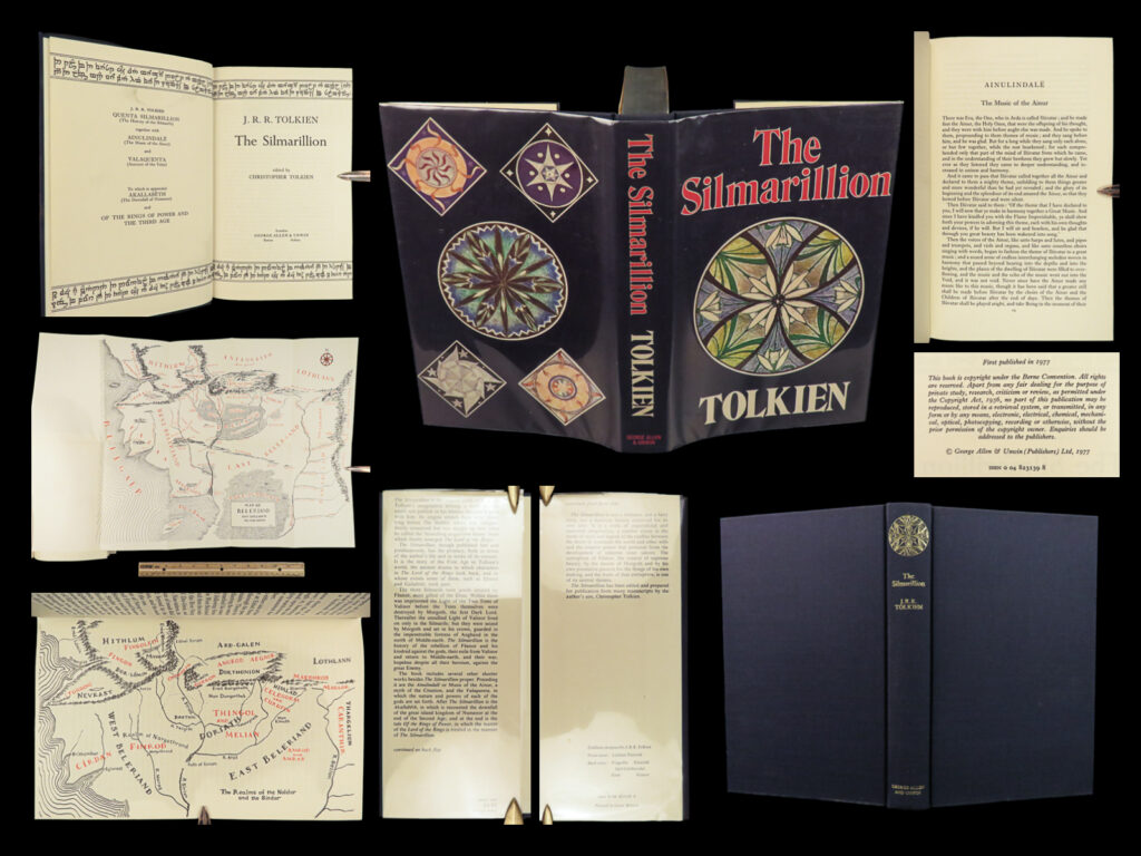 1977 silmarillion 1st jrr tolkien lord of the rings middle earth + map dj |   “<em>the silmarillion</em>,” written by j. R. R. Tolkien, is a collection of interconnected mythological and historical stories set in the fictional world of middle-earth. The book serves as a prequel to tolkien’s beloved works “<em>the hobbit</em>” and “<em>the lord of the rings</em>. ” it outlines the creation of middle-earth, its gods, and the early history of its peoples, including elves, dwarves, and men.   “<em>the silmarillion</em>” primarily focuses on the story of the silmarils, three powerful gems created by the elf fëanor, which become the center of a long and bitter struggle between the forces of good and evil. The book contains several other tales, such as the tragic love story of beren and lúthien and the fall of the great elven city of gondolin. Through these stories, tolkien explores themes of heroism, fate, and the struggle against darkness.   although dense and complex in its world-building, the book is a rich and rewarding read for fans of tolkien’s universe, providing a deeper understanding of the history and context that shaped the events in his later works. Lastly, it features a large folding map of middle-earth, an incredible inclusion by tolkien himself.