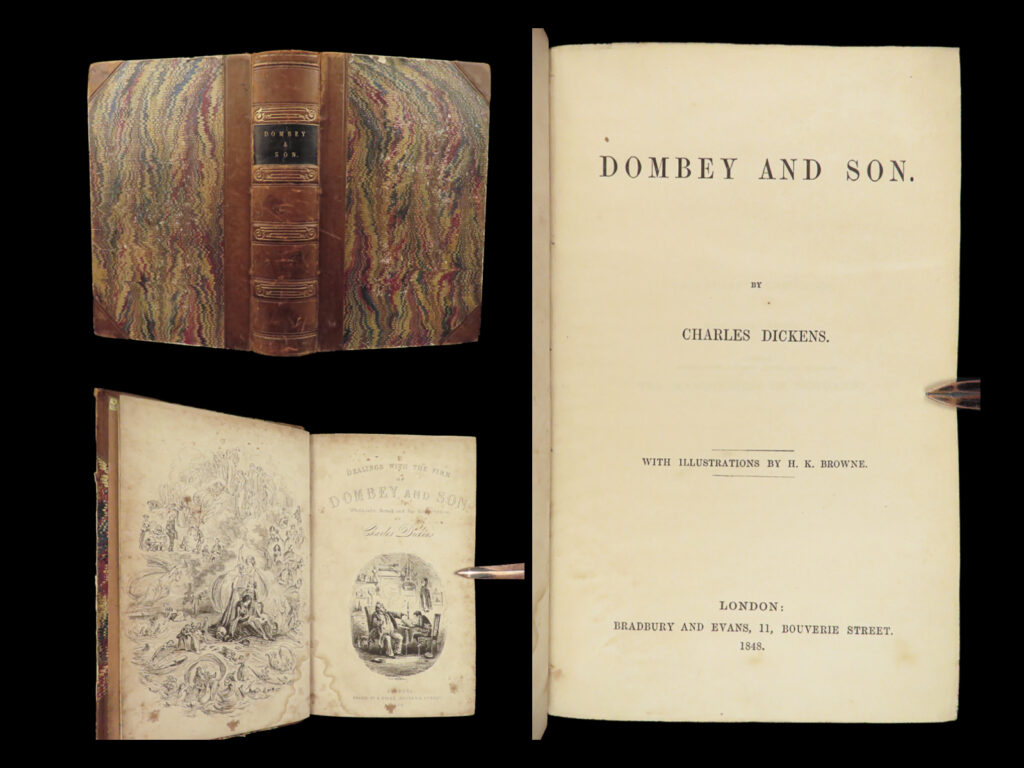 1848 charles dickens 1ed dombey and son english literature illustrated phiz art |   <em>“there is nothing in the world so irresistibly contagious as laughter and good humor. ” </em> ― charles dickens   ‘<em>dombey and son</em>’ was a polarizing novel that captured the hearts of its readers. In fact, the grolier ‘catalogue of an exhibition of the works of dickens’ notes “that there was nothing in all dickens’s writings better than the life and death of paul dombey. The chapter describing his death ‘threw a whole nation into mourning’. ”   this work was first published in 20 monthly installments; this first book edition features the same engravings by h. K. Browne, which are “considered the best efforts of h. K. Browne”. (grolier). It features the two original pen-and-ink drawings by browne each signed ‘phiz’.   a truly rare and impressive printing of ‘<em>dombey and son’</em>, complete with the first edition points listed below.