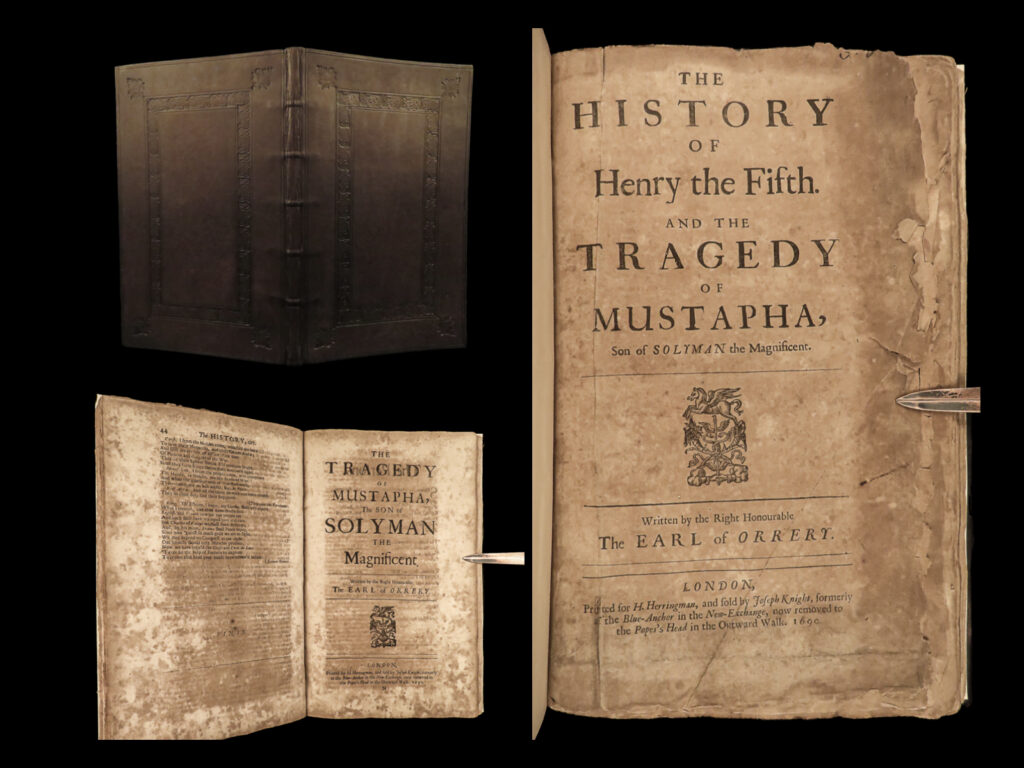 1690 irish roger boyle english restoration theatre henry v & ottoman mustapha | <strong><u>early irish literature! </u></strong>   roger boyle, was a 17<sup>th</sup>-century irish politician, known for becoming the first earl of orrery. His political importance came through his correspondence with both charles ii and oliver cromwell, the latter of whom offered boyle a role in the english conquest of ireland.   while his political career was more prominent, he also wrote historical novels and plays-in-verse. Two of his plays, ‘<em>henry v</em>’ and ‘<em>mustafa’</em>, proved to be <strong>highly popular both during and after boyle’s life</strong>. These two plays were published by herringman in 1690 – a fine collection of 17<sup>th</sup>-century irish literature!