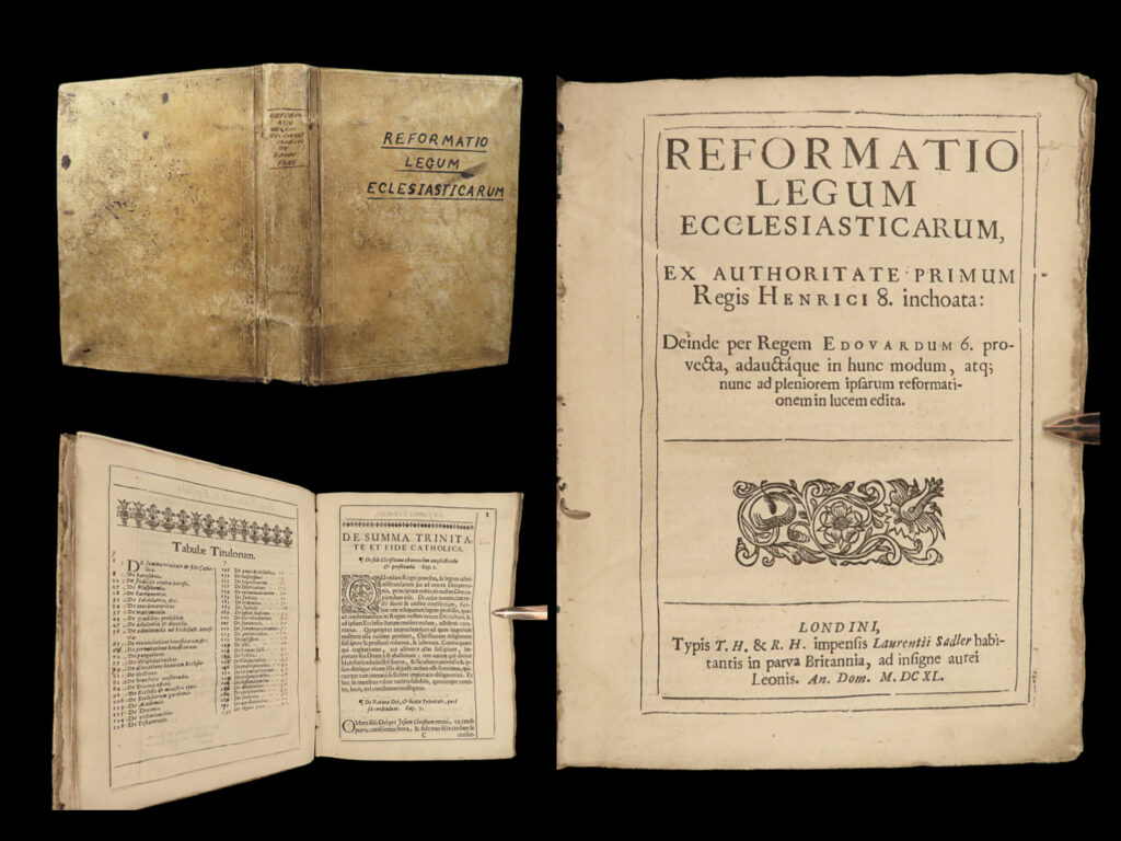 1640 thomas cranmer 1ed 39 articles henry viii english reformation legum rare | an extremely important first edition of ‘<em>reformatio legum ecclesiasticarum’</em>, a work on ecclesiastical law when henry viii initiated the english reformation and separation of the church of england from the catholic church and papal rule. Thomas cranmer was closely tied to the king, both politically and as a friend, and was an important figure in the development of this work. This work established laws and regulations for the church including prayer, music, testimony, excommunication, judicial cases, and political ties to the church. Other topics covered in this work involved domestic disputes such as divorce, as well as more controversial topics including calling nonconformity to the church ‘superstitions and idolatrous’. (hawkins ii, 537).   this 1640 reworking of the ‘<em>thirty nine articles’</em> was translated out of the original english and into latin by john cheke, and, in 1553, was reportedly published in the name of king henry viii. This translation was the beginning of what would lead to thomas cranmer’s being burned alive. Much of the contents of this compilation was used by john foxe in his portrayal of cranmer in his ‘<em>book of martyrs’</em>.   according to the british museum catalogue, this work is “a code of ecclesiastical law, intended for use in the church of england, but never ratified by parliament. Drawn up in 1552 by commissioners headed by thomas cranmer. Edited, with the later additions and amendments of matthew parker, by john fox, the martyrologist. ”