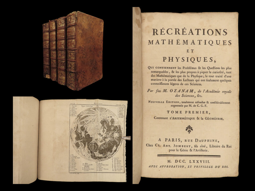 1778 mathematics & physics ozanam recreations magic navigation optics science 4v | jacques ozanam was a 17<sup>th</sup>-century french mathematician most-known for his work ‘<em>recreations’</em>, or ‘<em>mathematics’,</em> which covered a wide variety of scientific and mathematical topics. This impressive 1778 edition covers notable and desirable contents including math, optics, geography, astronomy, mechanics, and architecture. The <strong><u>89 impressive engravings</u></strong> accentuate the desirability of this work – engravings of columns, science and physics experiments, and even an illustration of early playing cards!